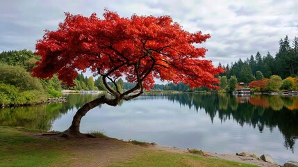 Obraz premium A vibrant maple tree with blazing red leaves reflects in the calm lake, framed by lush greenery and the rich hues of autumn’s embrace.