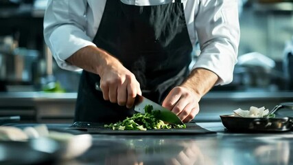 A skilled chef expertly chops fresh vegetables in a bustling kitchen environment, showcasing culinary techniques that emphasize freshness and quality preparation. - Powered by Adobe