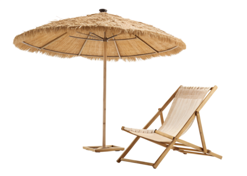 Relaxing at a beachside area under a straw umbrella and chair
