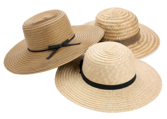 Variety of straw hats with wide brims on a transparent background