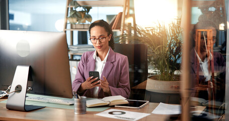 Computer, phone and planning with business woman at desk for investment or portfolio management....