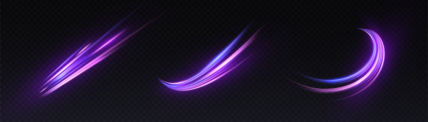 Set of purple glow light swirls with neon glow on dark background for visual effects and user interfaces. © Valeriia