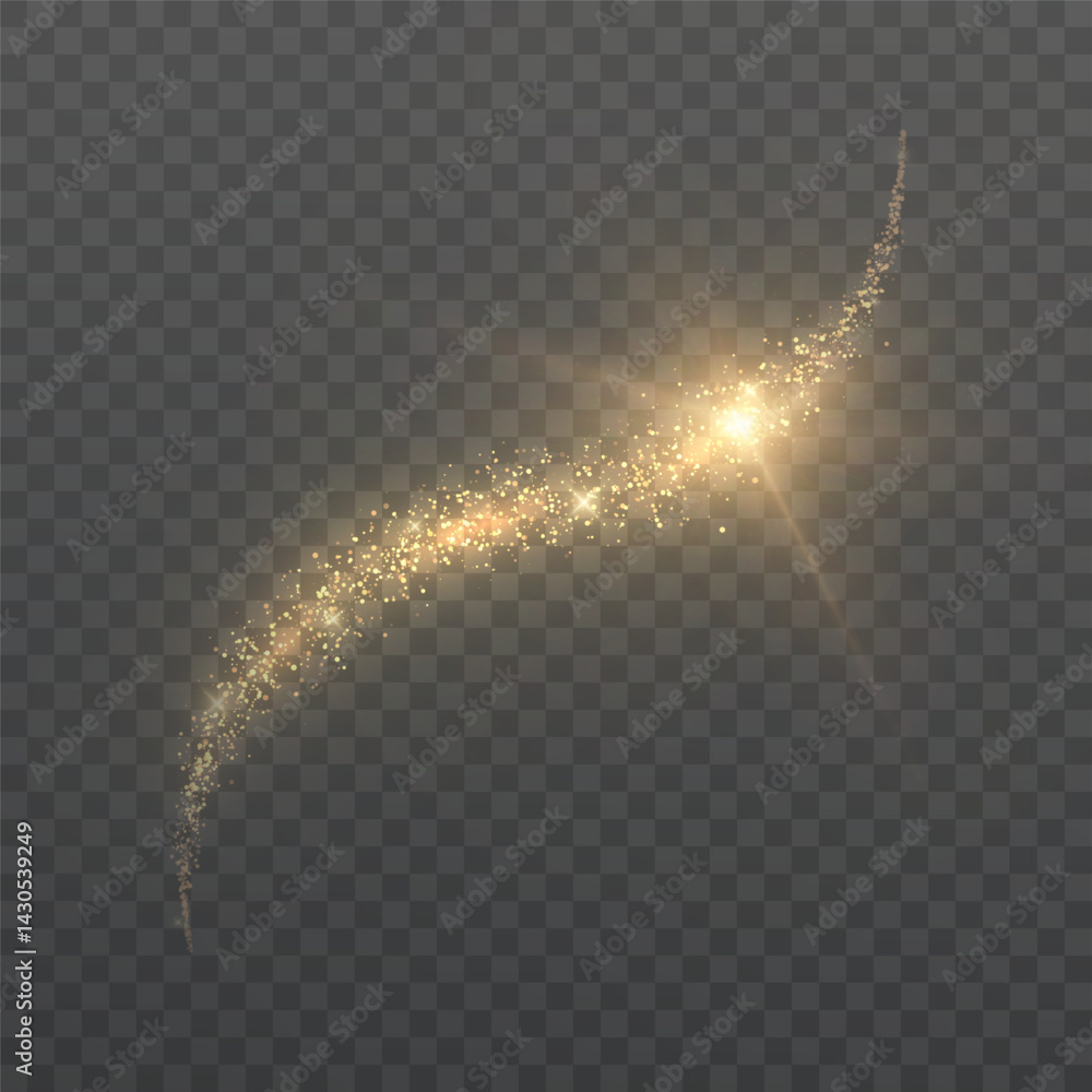 Poster Golden sparkle trail with glowing particles forming a loop and flash of light on a transparent background. Vivid effect suitable for magic spells, fantasy effects or festive visual transitions.

