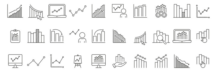 Business Analytics And Data Visualization Line Icon Set. Financial Growth, Market Trends, And Performance Analysis Outline Symbol Collection. Editable Stroke. Isolated Vector Illustration