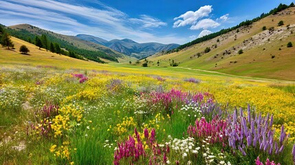 Obraz premium A vibrant meadow bursts with colorful wildflowers beneath a bright blue sky, stretching toward gently rolling hills in a picture-perfect landscape.