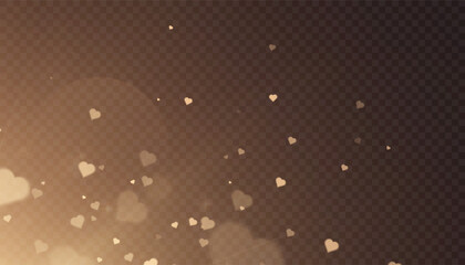 Warm abstract sparkling background with floating gold dust and glowing hearts. Vector background for love-themed compositions.