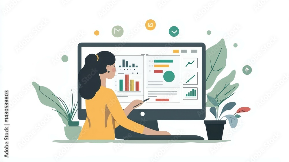 Fototapete woman analyzing data on a computer with colorful graphs and charts.