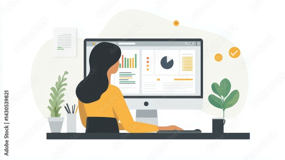 Poster woman working on a computer, analyzing data and statistics in a modern office setting.