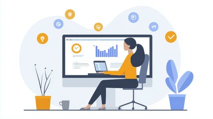 Female professional engaged in data analysis at a computer workstation.