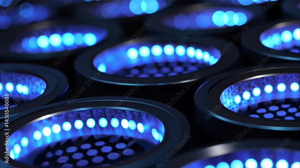 Poster futuristic blue circle mesh design with led lights creating a mesmerizing effect at night, complex b