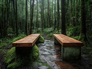 Two wooden benches sit on a forest path, surrounded by dense trees and a natural, serene environment.