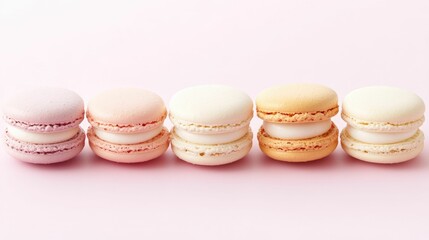 Obraz premium Beautifully arranged flat lay of vibrant delicate macarons in a variety of pastel colors including pink yellow and cream presented on a soft pink background with a minimalist elegant aesthetic