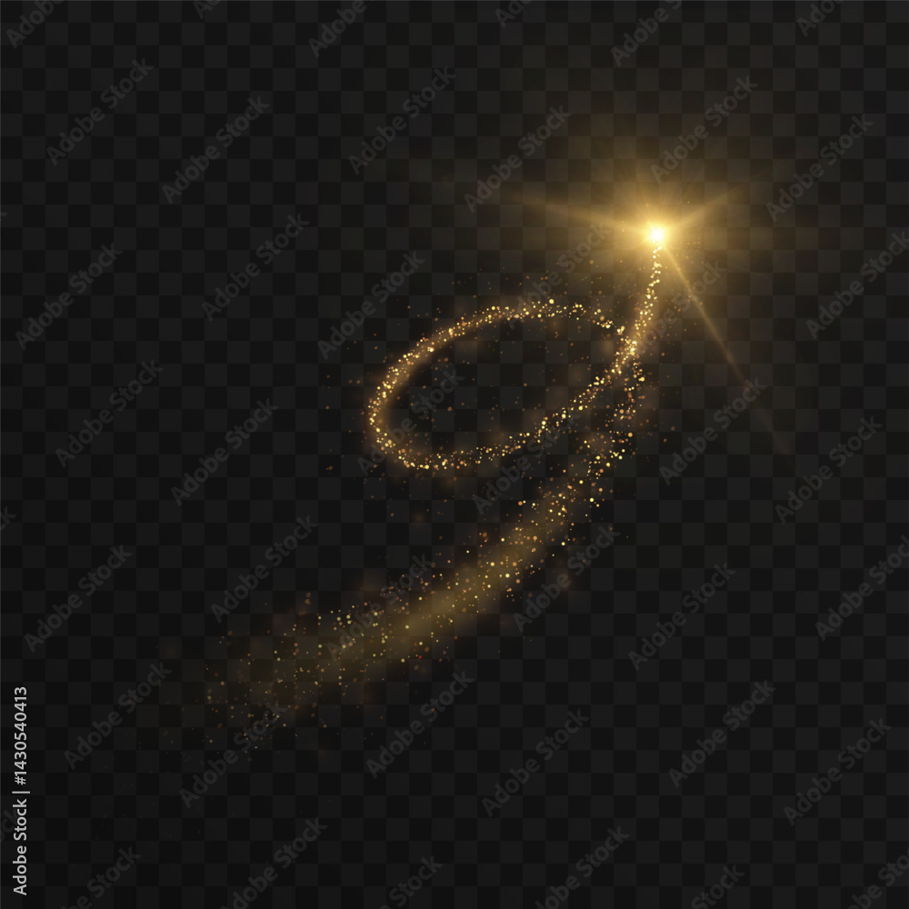 Aufkleber Golden sparkle trail with glowing particles forming a loop and flash of light on a transparent background. Vivid effect suitable for magic spells, fantasy effects or festive visual transitions.