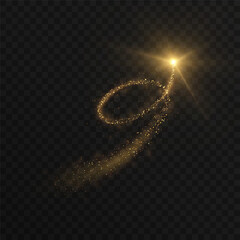 Golden sparkle trail with glowing particles forming a loop and flash of light on a transparent background. Vivid effect suitable for magic spells, fantasy effects or festive visual transitions. © Valeriia