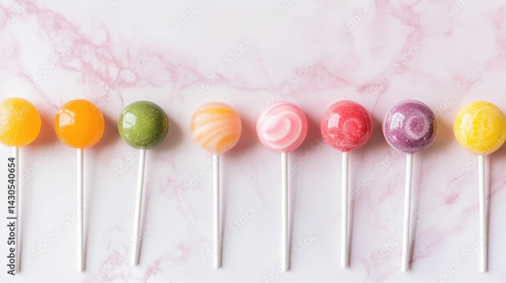Aufkleber a row of vibrant and patterned lollipops in various colors arranged on a beautiful pink marble backg
