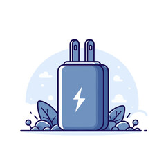 Obraz premium Blue power adapter with lightning symbol on purple background. Great for electronic accessories and charger product listings.