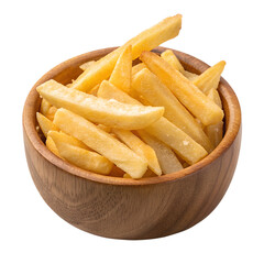 French fries on a round wooden bowl isolated on a transparent background