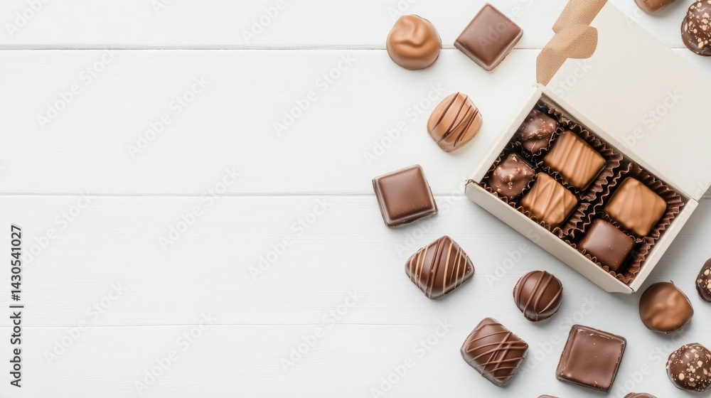 Aufkleber Flat lay of an assorted selection of premium handmade chocolates in a sleek minimalist box displayed on a rustic wooden table
