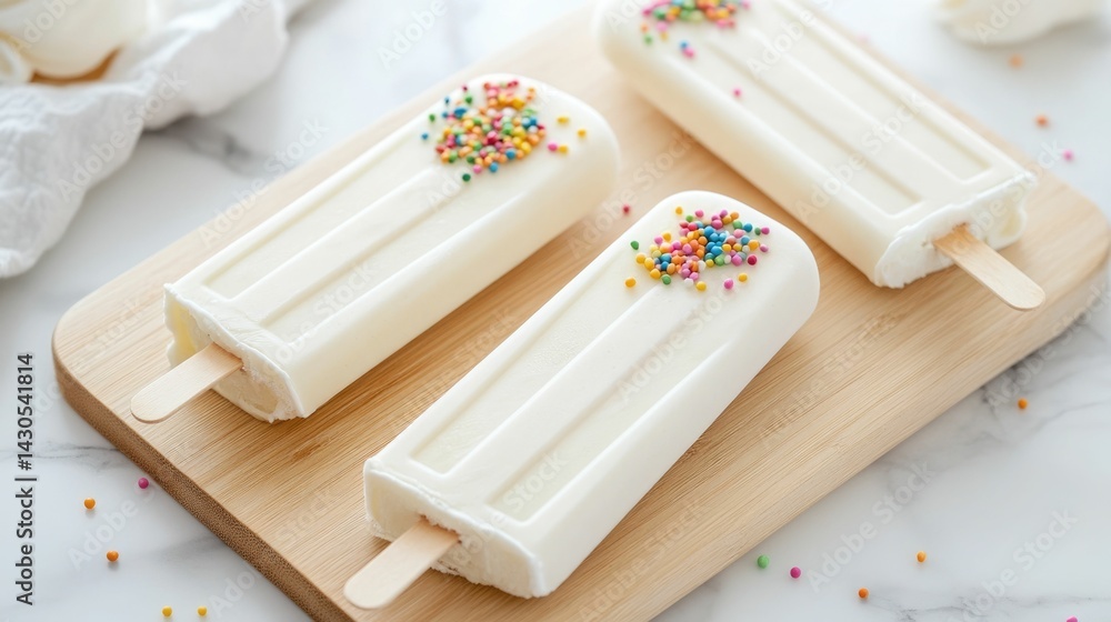Aufkleber Delicious homemade ice cream popsicles with a variety of colorful sprinkles arranged neatly on a rustic wooden board creating a vibrant and appetizing display