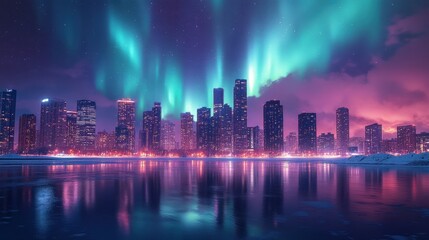 Fototapeta premium Stunning city skyline illuminated by vibrant auroras at night.