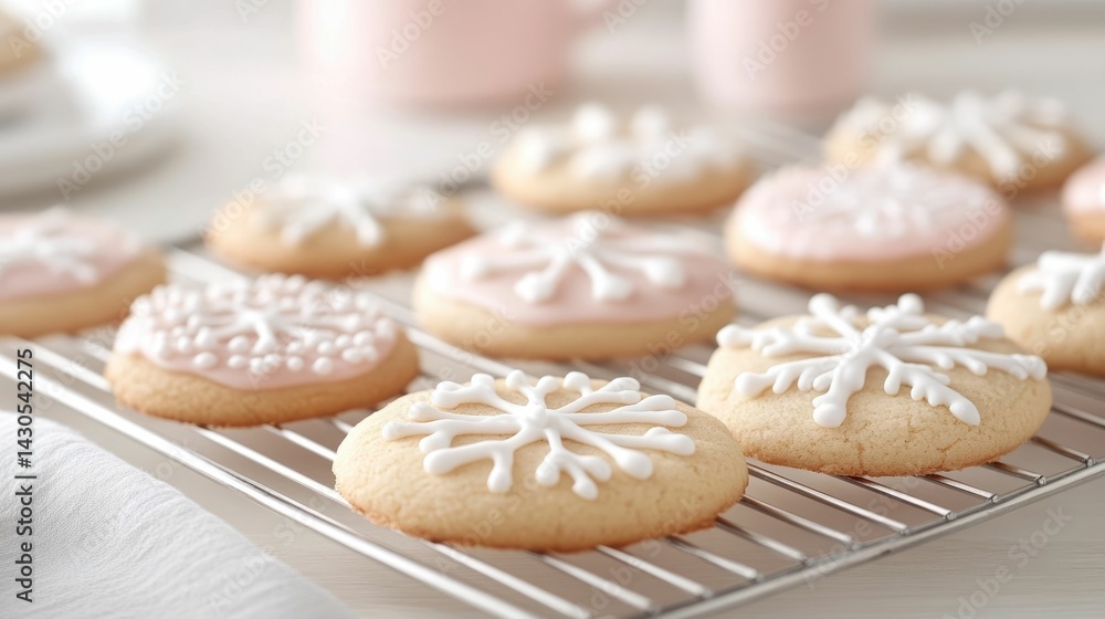 Poster a tray of delicate sugar cookies adorned with intricate icing snowflake designs set against a soft p