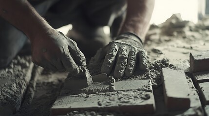 Construction Worker Laying Bricks with Mortar