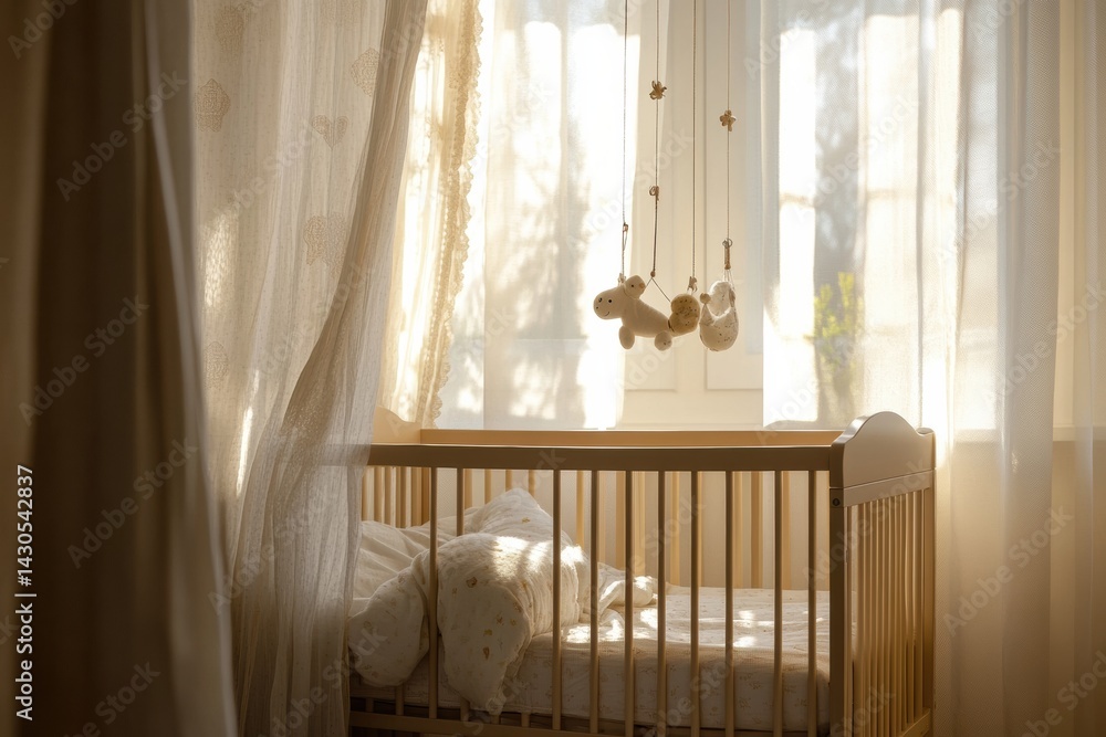 Poster bright airy nursery with soft shadows and a charming mobile above a cozy crib generative ai