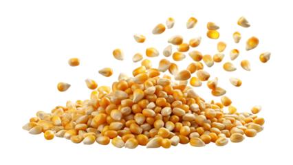 Pile of Corn Kernels with Some Floating in the Air on transparent background png