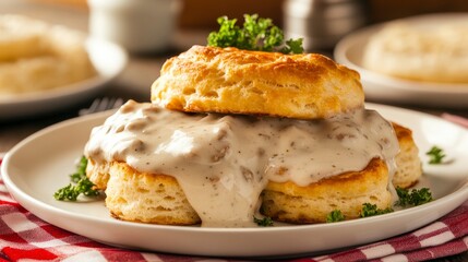 Delicious Plate of Biscuits Covered in Creamy Gravy with Fresh Herbs on the Side