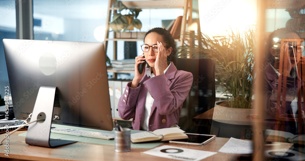 Poster phone call, reading and business woman on computer for contact, online discussion and communication.