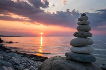 Serene Sunset Stone Balance by Ocean – Tranquil Nature Landscape Photography"
