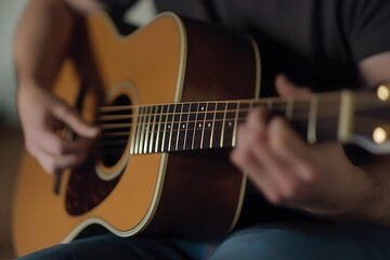 Fototapeta premium Close-Up of Hands Playing Acoustic Guitar Indoors, Relaxing Musical Hobby, Artistic Expression, and Leisure Concept