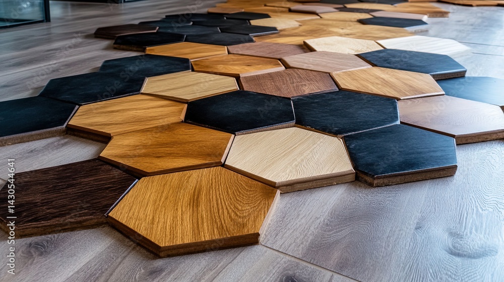 Poster abstract geometric flooring transition with interlocking hexagonal tiles