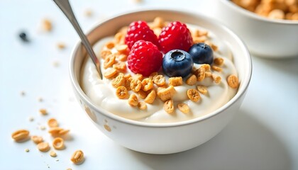 yogurt with muesli and berries on white background