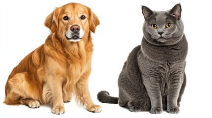 Obraz premium Friendly canine and feline companions. A golden retriever and a gray British shorthair sit, facing forward, against a white background. Their expressions are placid and inviting