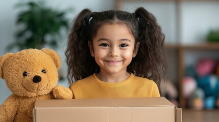 Joyful Child Participating in Family Donation Activity with Box and Teddy Bear at a Gathering
