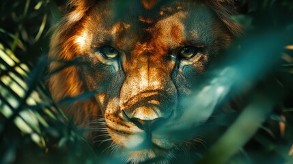 A majestic lion gazing intensely through lush greenery.