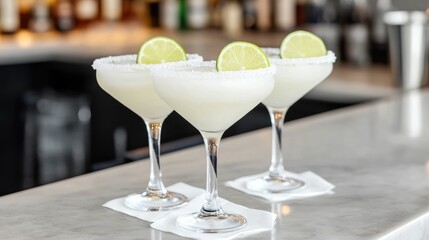 Refreshing frozen margarita cocktails with salt rimmed glasses and fresh lime slices served on a bar counter in a restaurant or bar setting  The image evokes a chilled