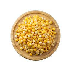 Overhead view of pile of canned corn kernels on wooden platter on transparent background png