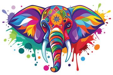 Colorful artistic elephant face   colorful paint splatters on white background.