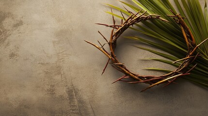 Fototapeta premium Crown of thorns and palm leaves symbolizing Christian Holy Week, representing Good Friday and Palm Sunday, faith and sacrifice concept on neutral background with copy space.