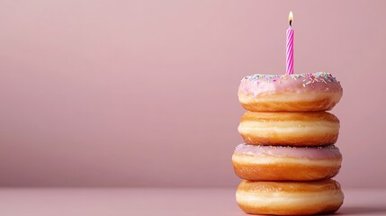 Birthday cake made of stacked donuts, each with a tiny candle, isolated composition 