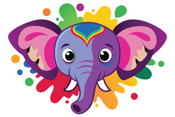 Colorful artistic elephant face   colorful paint splatters on white background.