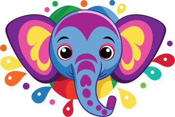 Colorful artistic elephant face   colorful paint splatters on white background.