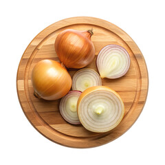 Overhead shot of whole and sliced yellow onions on a wooden board on transparent background png