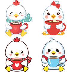 Cute Chickens Drinking Hot Chocolate with Scarves