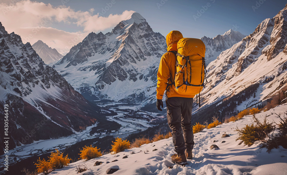 Poster man wearing a yellow jacket and carrying a backpack is walking on a snowy mountain. the mountains ar