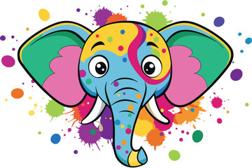 Colorful artistic elephant face   colorful paint splatters on white background.