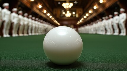 A White Ball on a Green Table with a Blurry Background of People in White Uniforms