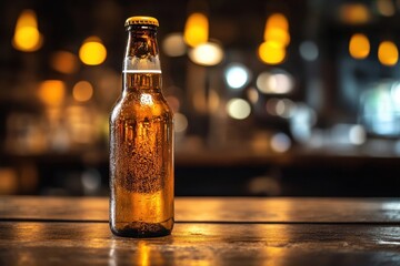 Alcohol Background. Empty Wooden Table with Blurred Counter Bar and Bottles